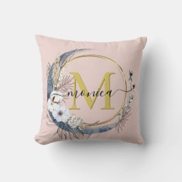 Boho Blommigt Utandning  Rosa Monogram Namn Kudde