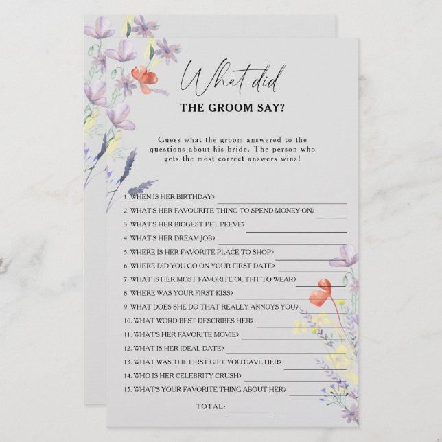 Boho Blommigt Vad sa brudgummen möhippa-spel? (Fram/baksida)