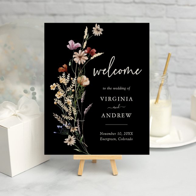 Boho Blommigt Välkommen Bröllop Poster (Black Boho Watercolor Floral Welcome Wedding Poster by Painted Paperie
)