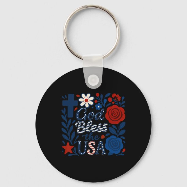 Boho Blommigt Välsigna dig USA:s fjärde juli blomm Nyckelring (Framsida)