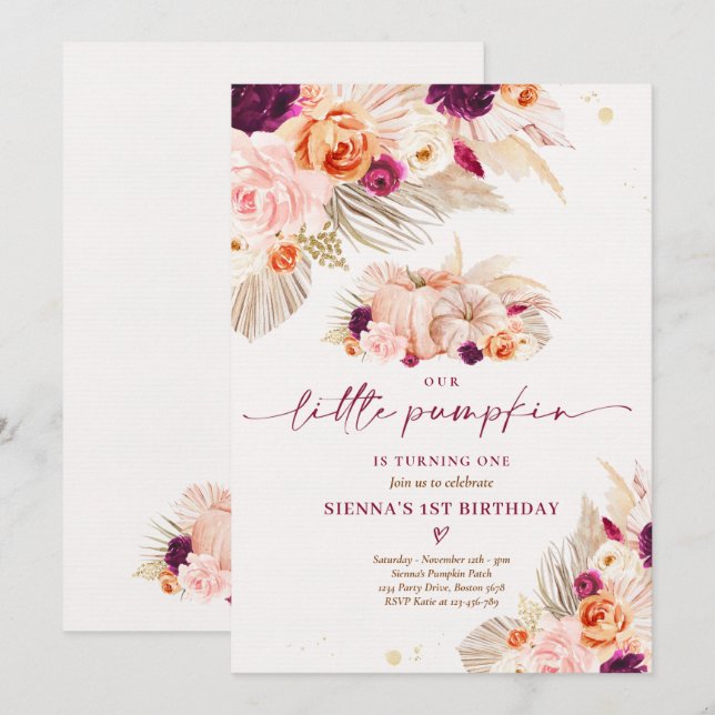 Boho Blommigt Vår lilla pipa 1:a födelsedag Party Inbjudningar (Fram/baksida)