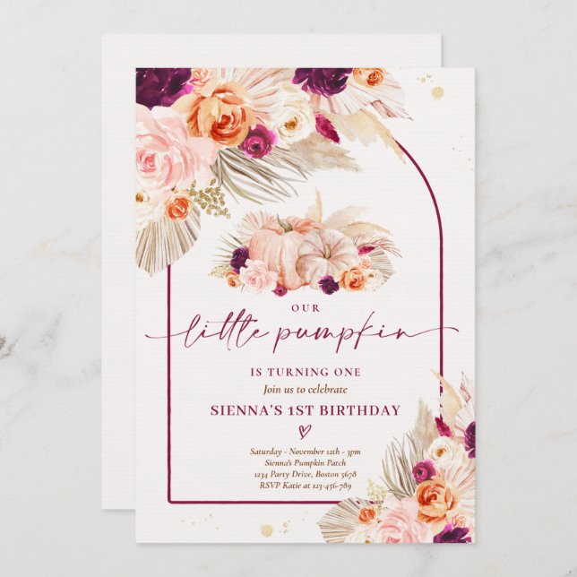 Boho Blommigt Vår lilla pipa 1:a födelsedag Party Inbjudningar (Fram/baksida)