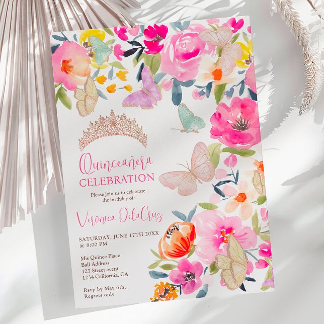 Boho blommigt vattencolor butterflies quinceanera inbjudningar (Boho floral watercolor butterflies quinceanera invitation)