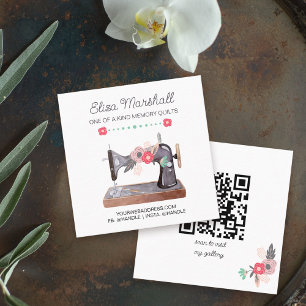 Boho Blommigt Vintage Sewing Maskin and QR Code Fyrkantigt Visitkort