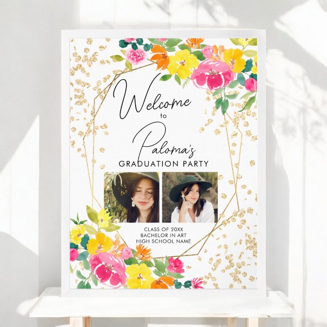 Boho Blommigt Watercolor 2-foto Studenten Välkomme Poster (Boho Floral Watercolor 2 photo Graduation Welcome Poster)