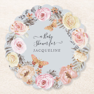 Boho Blommigt Watercolor Dusty Blue Rosa Baby Show Underlägg Papper