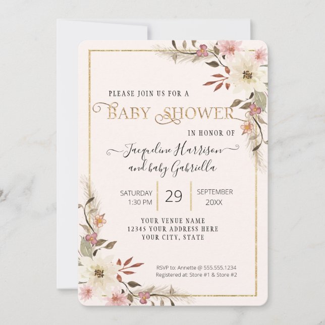 BOHO Blommigt Watercolor Elegant Baby Shower Photo Inbjudningar (Framsida)