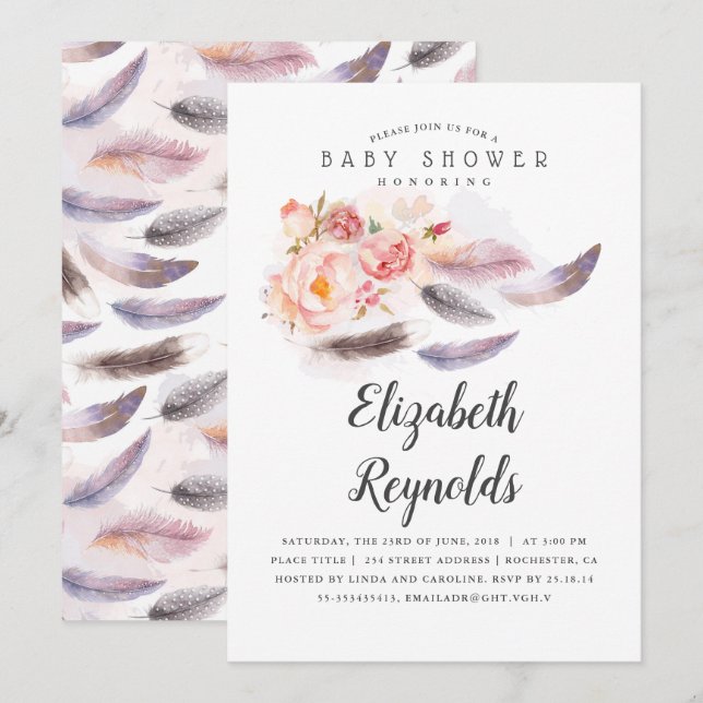 Boho Blommigt Watercolor Feathers Baby Shower Inbjudningar (Fram/baksida)