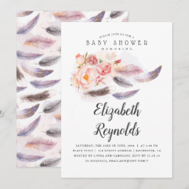 Boho Blommigt Watercolor Feathers Baby Shower Inbjudningar