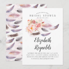 Boho Blommigt Watercolor Feathers Möhippa Inbjudningar
