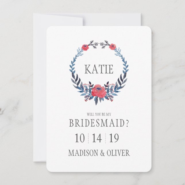 Boho Blommigt Watercolor Röd ros | Bridesmaid Inbjudningar (Framsida)