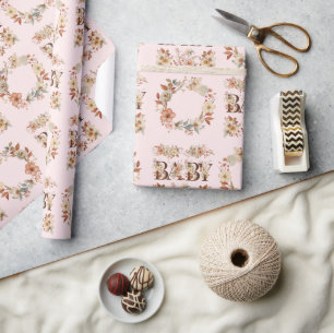 Boho Blommigt Watercolor Rosa Baby Gift Presentpapper