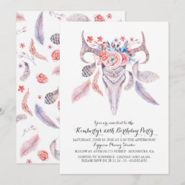 Boho Blommigt Watercolor Skull, Födelsedagsfest Inbjudningar