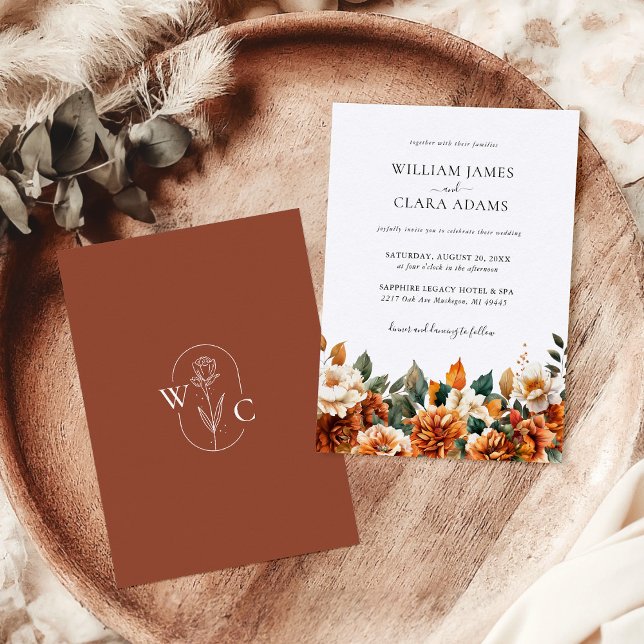 Boho Blommigt Watercolor Terracotta Monogram Bröll Inbjudningar (Skapare uppladdad)