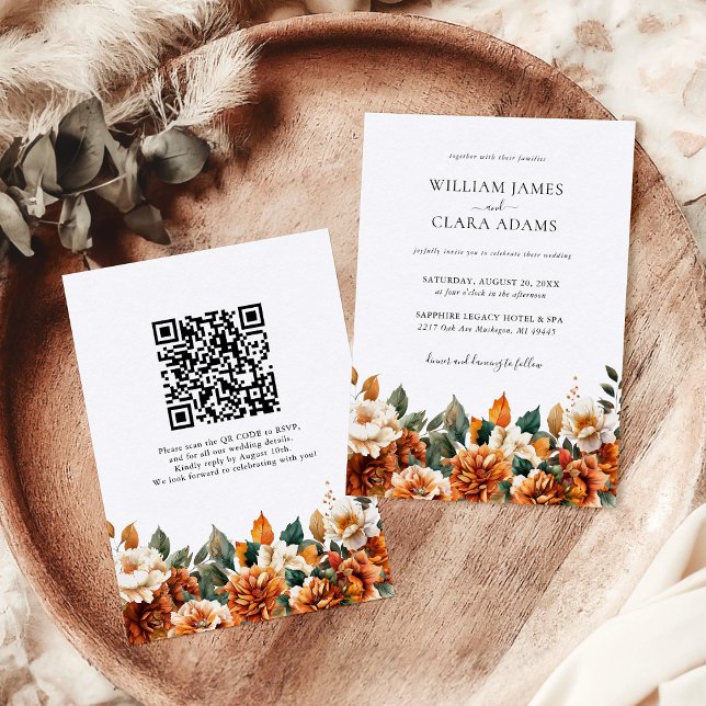 Boho Blommigt Watercolor Terracotta QR Code Bröllo Inbjudningar (Skapare uppladdad)