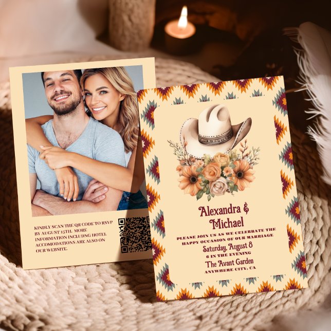 Boho Blommigt Western Bröllop qr-kod Inbjudningar (Skapare uppladdad)