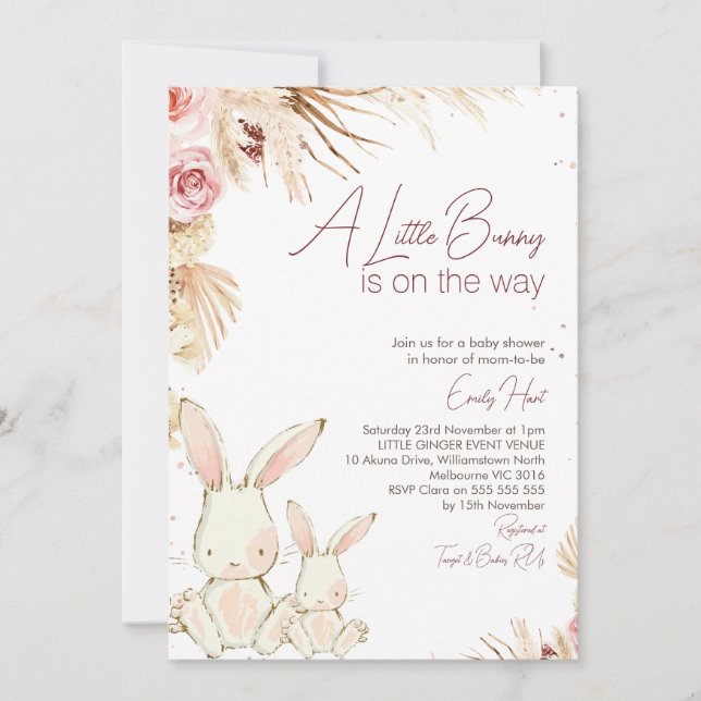 Boho Blommigt White Bunny Baby Shower-inbjudan Inbjudningar (Framsida)