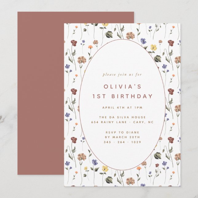 Boho Blommigt WildblomBirthday | Inbjudan (Fram/baksida)