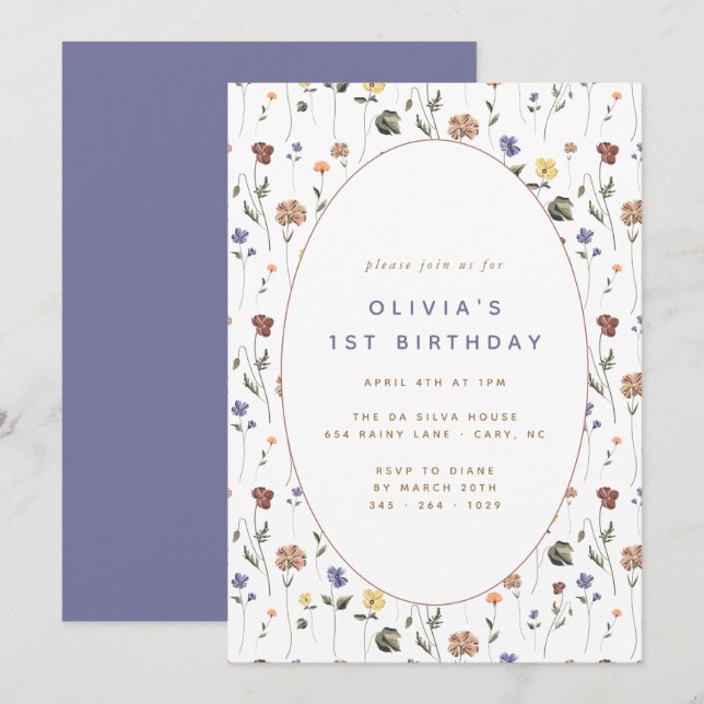 Boho Blommigt WildblomBirthday | Inbjudan (Fram/baksida)