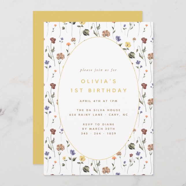 Boho Blommigt WildblomBirthday | Inbjudan (Fram/baksida)