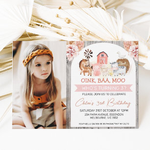 Boho Blommigt Wood Farm Photo Birthday Inbjudningar