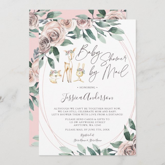 Boho Blommigt Woodland Animals Baby Shower med pos Inbjudningar (Fram/baksida)