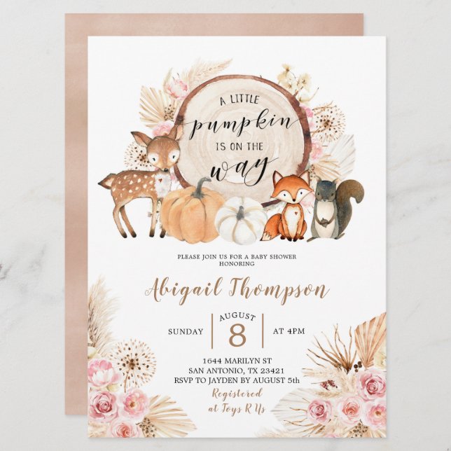 Boho Blommigt Woodland Pumpkin Baby Shower Inbjudningar (Fram/baksida)