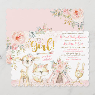  Boho Blommigt Woodland Virtuellare babyskor Inbjudningar