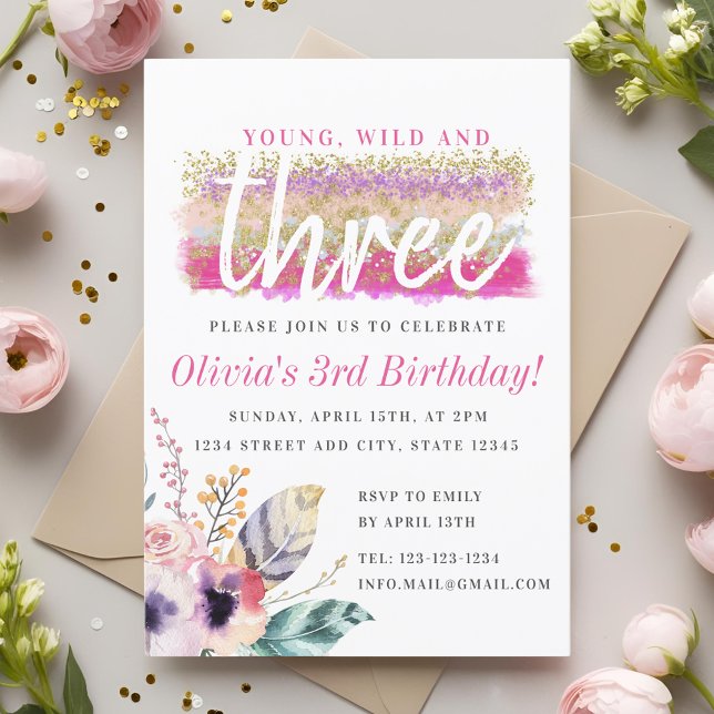 Boho Blommigt Young Vild och Three Girl's Birthday Inbjudningar (Skapare uppladdad)