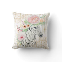Boho Blommigt Zebra Pillow - Vattenfärgsutskrift p