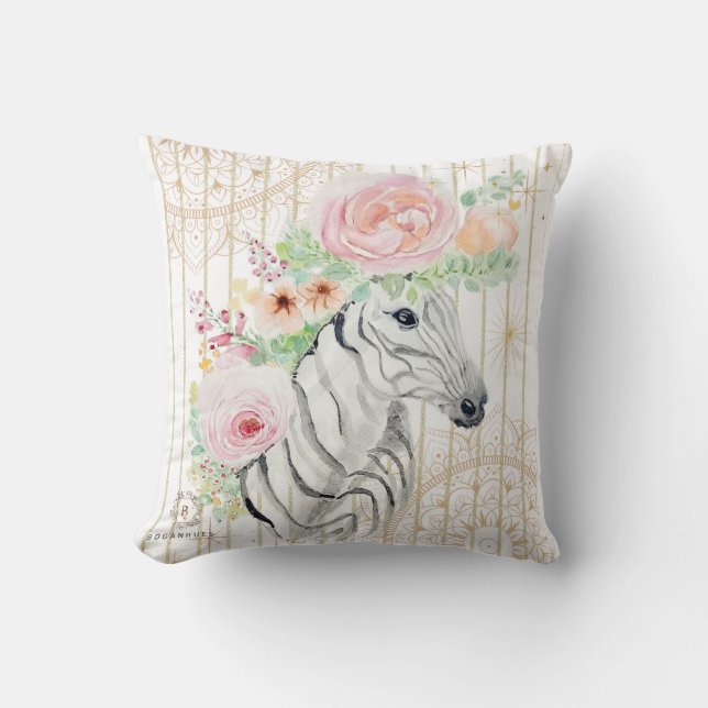 Boho Blommigt Zebra Pillow - Vattenfärgsutskrift p Kudde (Framsida)