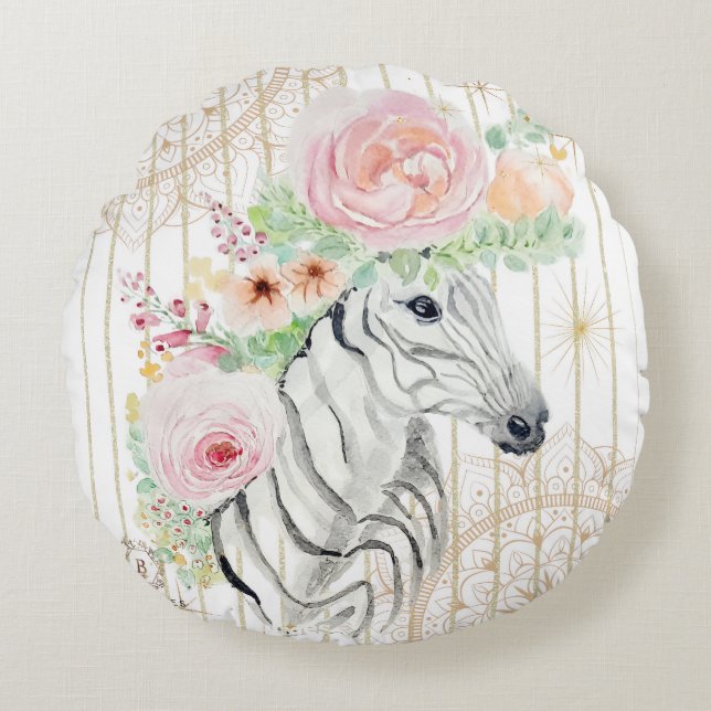 Boho Blommigt Zebra Pillow - Vattenfärgsutskrift p Rund Kudde (Framsidan)