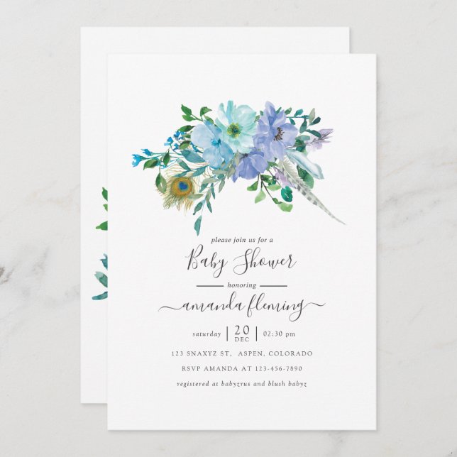 Boho-Blommigten för färgstift för mynta och blå va Inbjudningar (Fram/baksida)