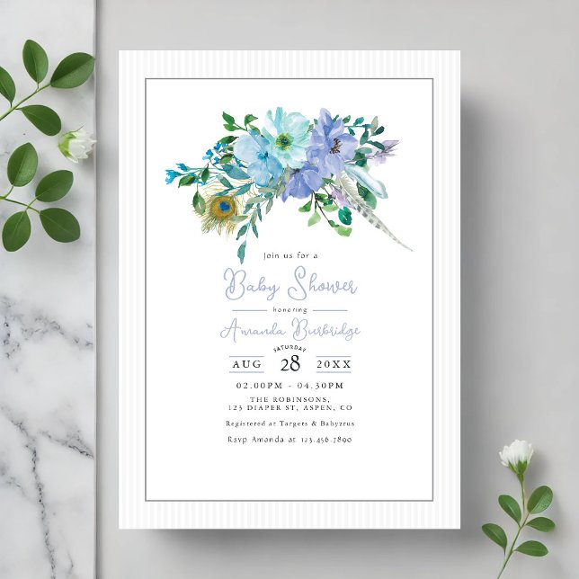 Boho-Blommigten för färgstift för mynta och blå va Inbjudningar (Mint and Blue Watercolor Boho Floral Baby Shower Invitation)