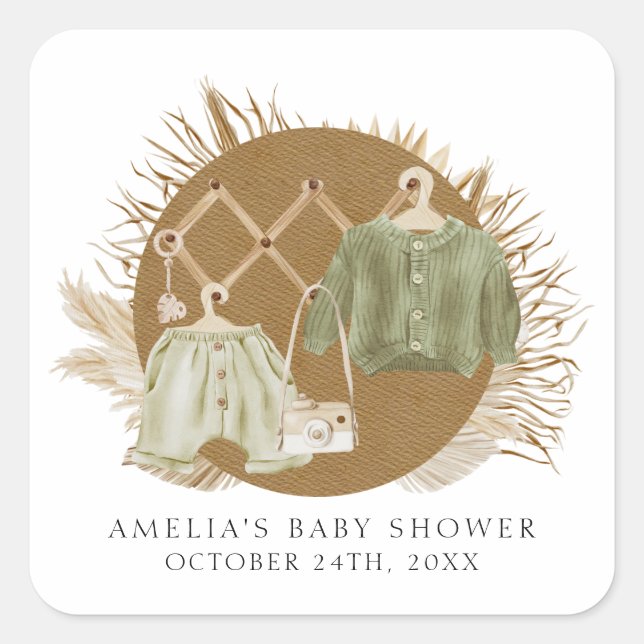 Boho Blommigts Baby Shower Fyrkantigt Klistermärke (Framsida)