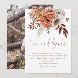 Boho Blommigts Photo Kärlek tack Brunitext Bröllop Kort