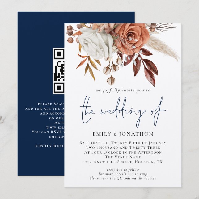 Boho Blommigts QR Code Navy Blue Winter Wedding Inbjudningar (Fram/baksida)