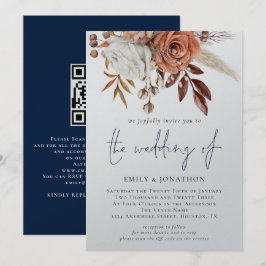 Boho Blommigts QR Code Navy Blue Winter Wedding Inbjudningar