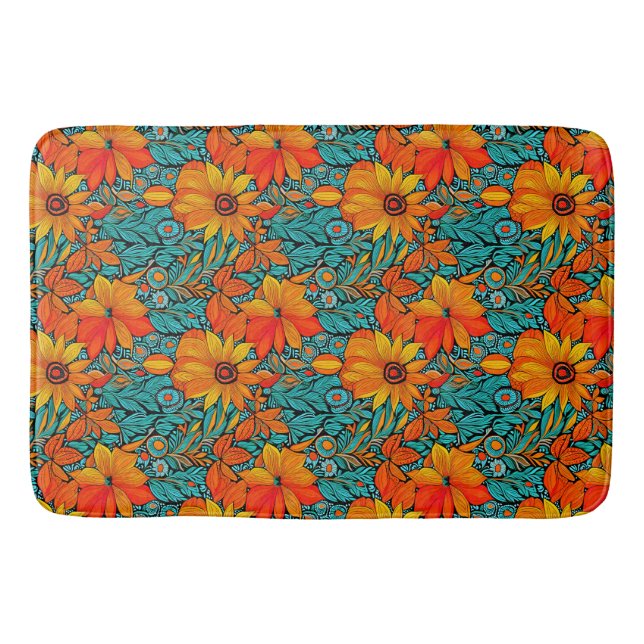 Boho blommor blå och orange  badrumsmatta (Framsidan)