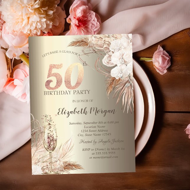Boho blommor, Champagneglas Guld 50-årsjubileum Inbjudningar (Skapare uppladdad)