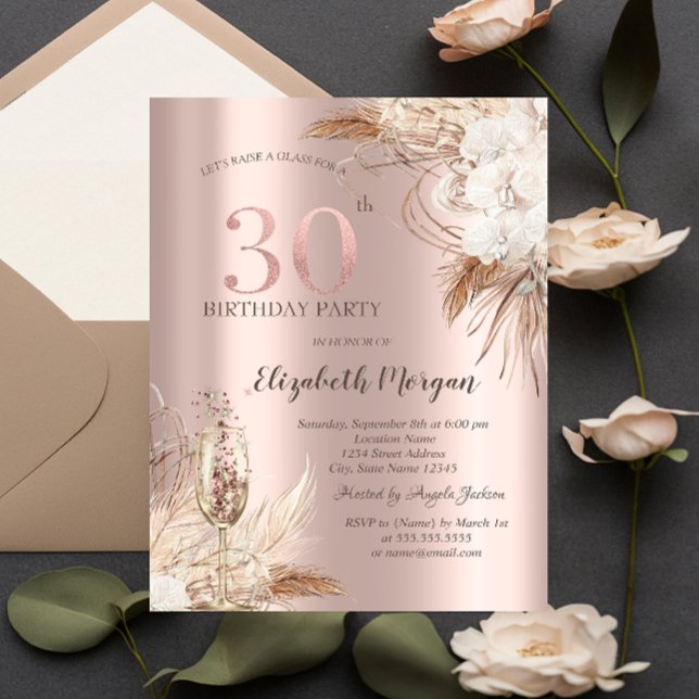 Boho Blommor,Champagneglas,Rose Gold 30-årsdag Inbjudningar (Skapare uppladdad)