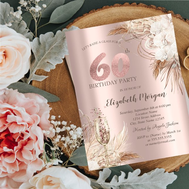 Boho Blommor,Champagneglas,Rose Gold 60-årsfirande Inbjudningar (Skapare uppladdad)