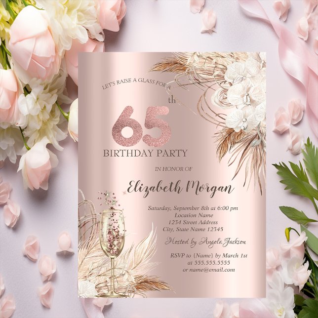 Boho Blommor,Champagneglas,Rose Gold 65-årsdag Inbjudningar (Skapare uppladdad)