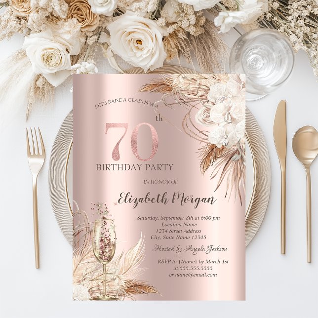 Boho Blommor,Champagneglas,Rose Gold 70-årsfirande Inbjudningar (Skapare uppladdad)