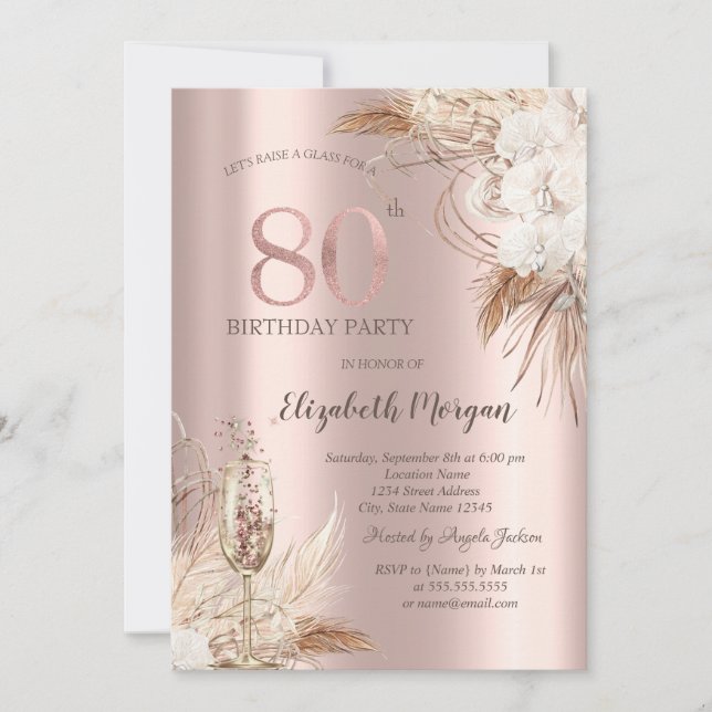 Boho Blommor,Champagneglas,Rose Gold 80-årsdag Inbjudningar (Framsida)
