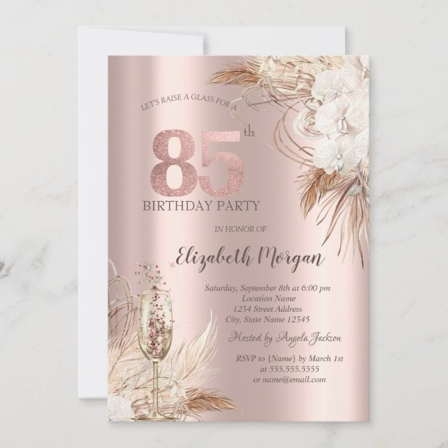 Boho Blommor,Champagneglas,Rose Gold 85th Inbjudningar (Framsida)