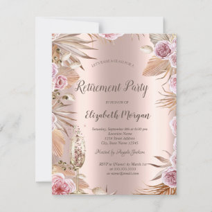 Boho Blommor,Champagneglas,Rose Gold Pensionering Inbjudningar