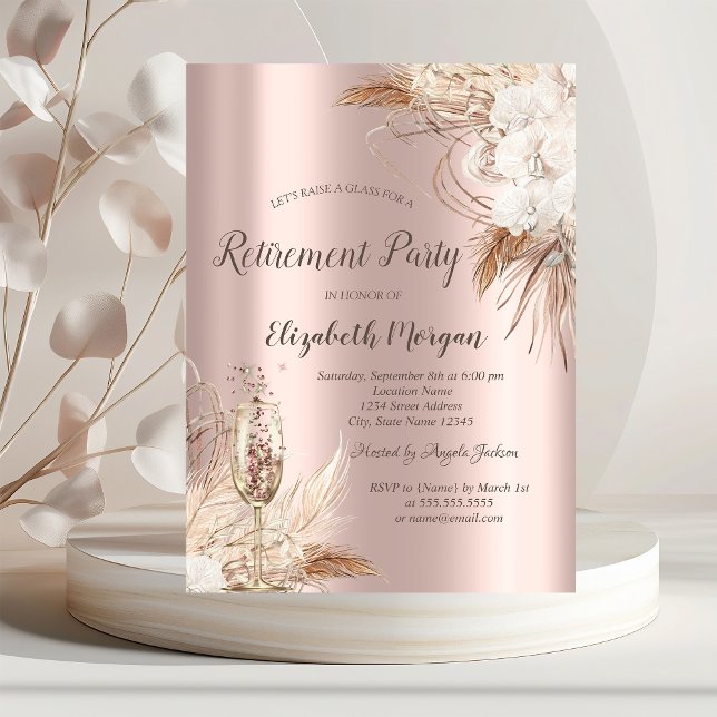 Boho Blommor,Champagneglas,Rose Gold Pensionering Inbjudningar (Skapare uppladdad)