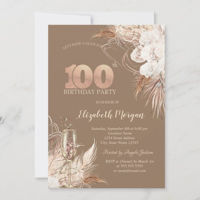 Boho Blommor,Champagneglas,Terrakotta 100th Inbjudningar (Framsida)