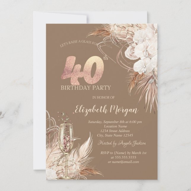 Boho Blommor, Champagneglas, Terrakotta 40-årsdag Inbjudningar (Framsida)